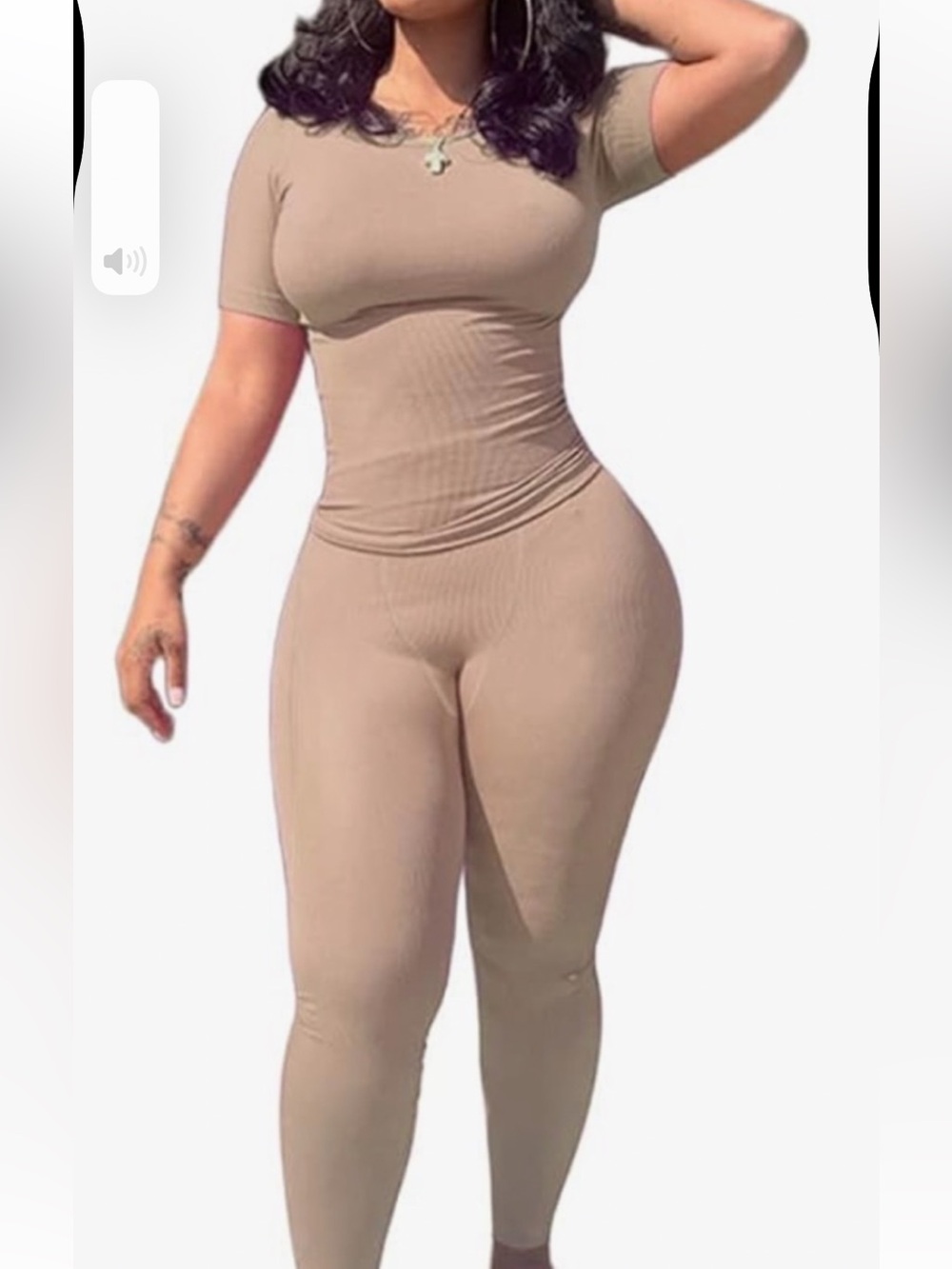 Women's Short Sleeve Ribbed 2-Piece Set in Beige